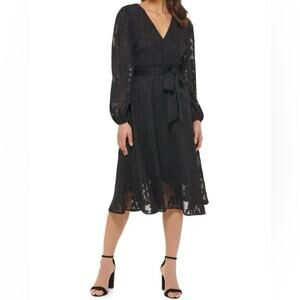 KENSIE Floral Surplice Neckline Chiffon Midi Dress Black Women’s Sz 6